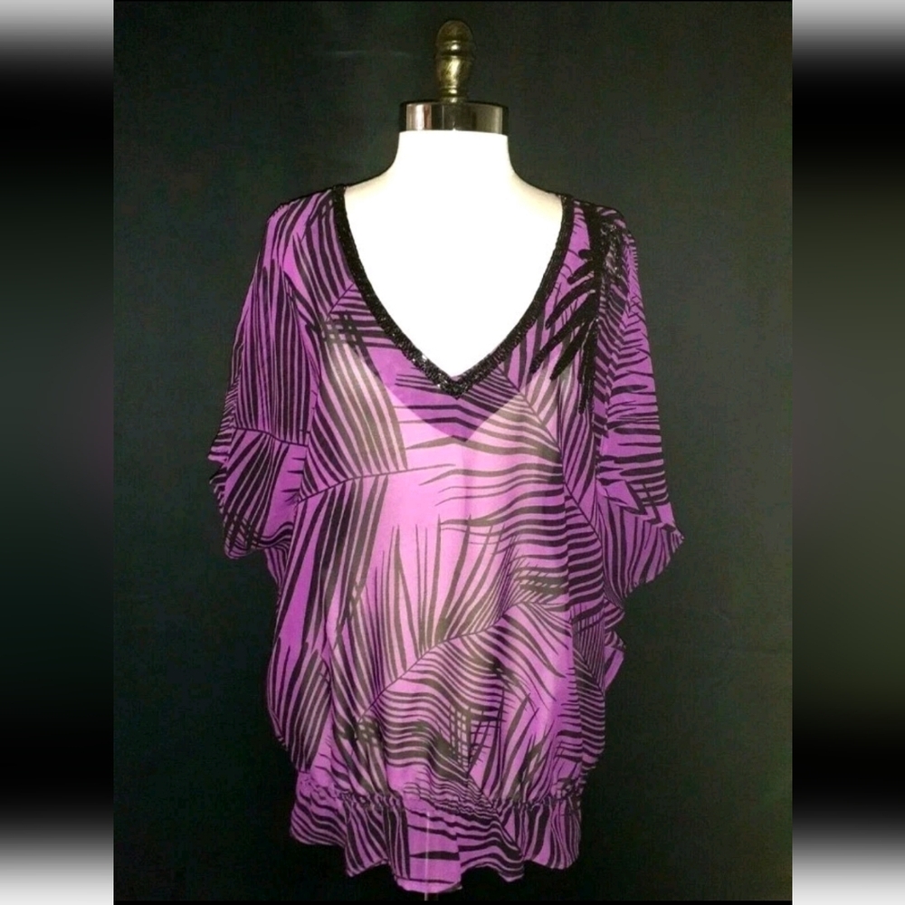 Lane Bryant V Neck Sequin Palm Trees Leaf Short Sleeves Size 22/24 Purple Black